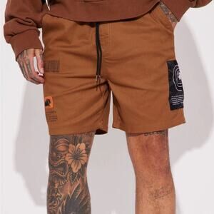 Mens Brooklyn Graphic Print Shorts Casual‎ Streetwear Brown Drawstring